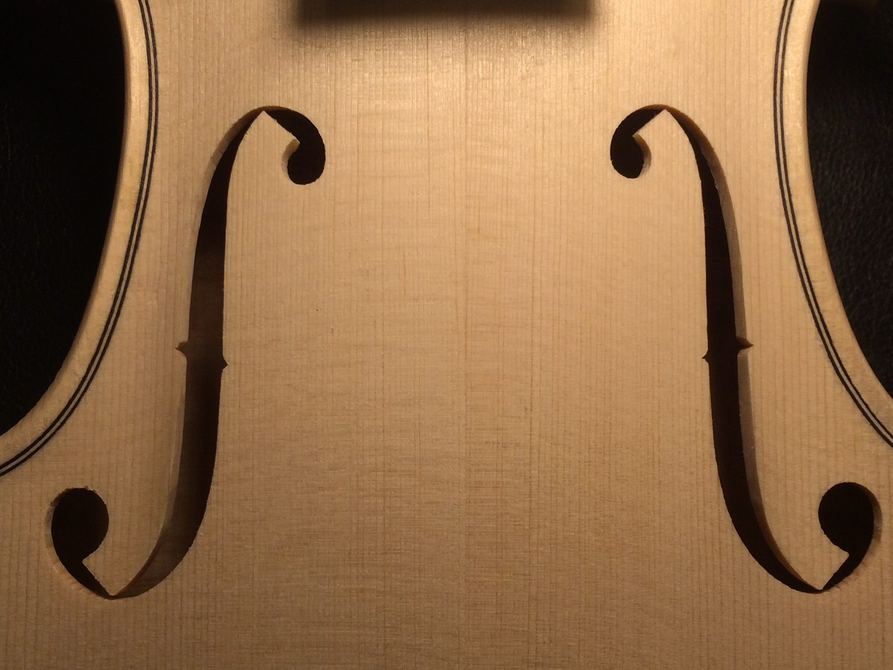 Stradivari model violin top plate, f-holes in the white