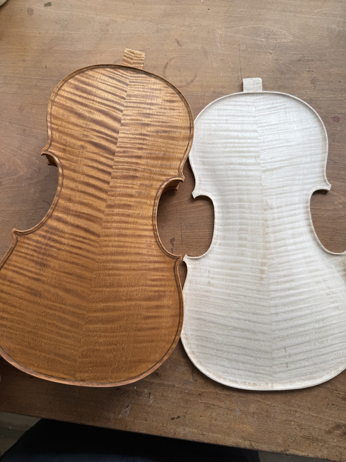 Comparing a varnished back with one left in the white