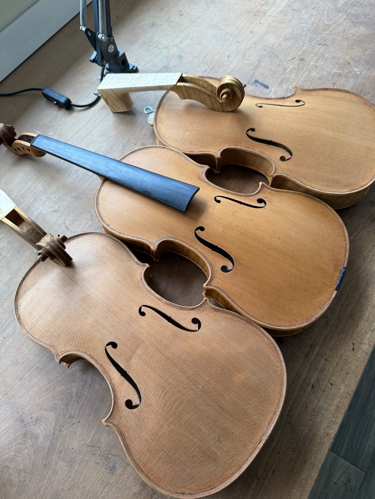 Violin bodies ready for assembly, with fittings alongside