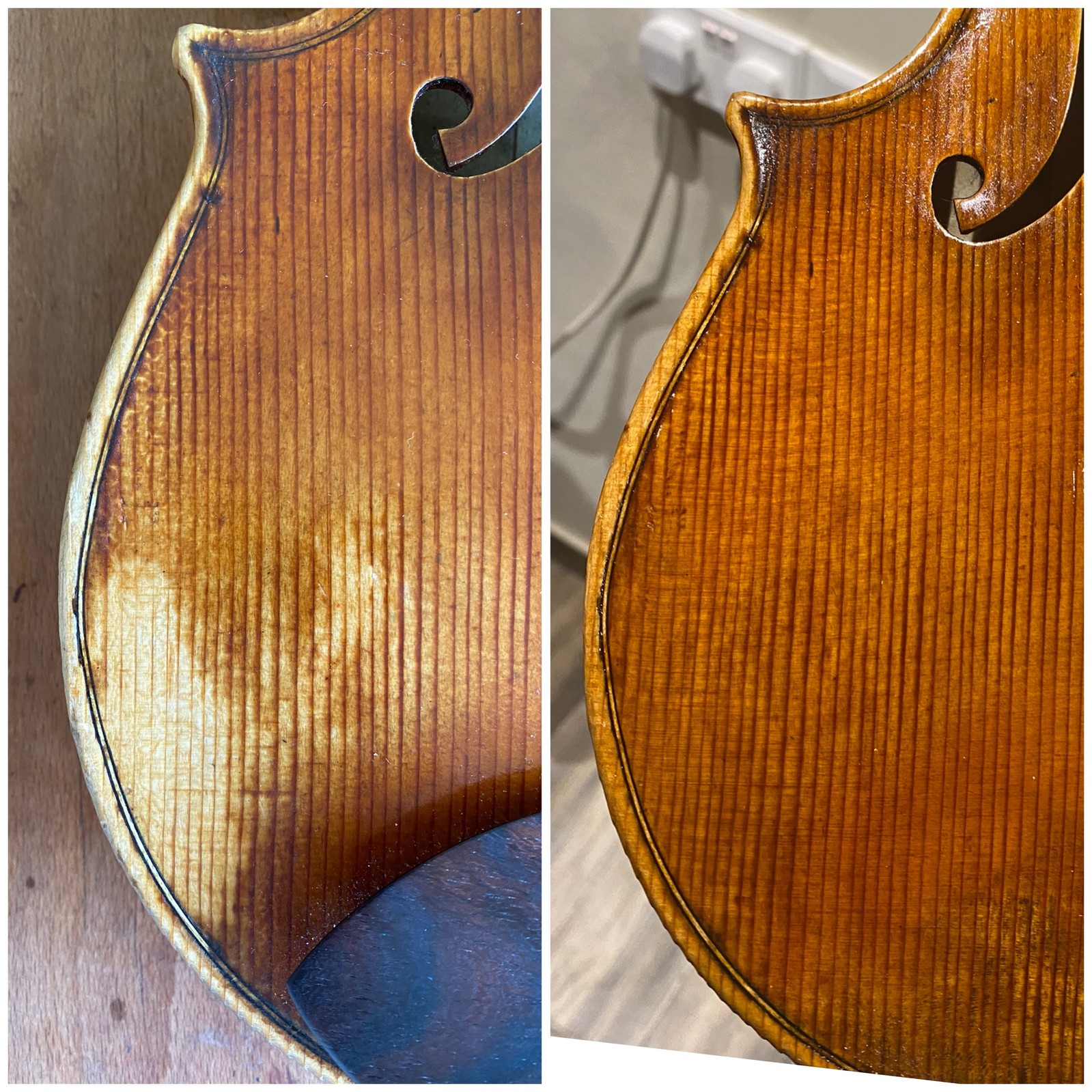 Retouching a blemish on the upper bout, before and after