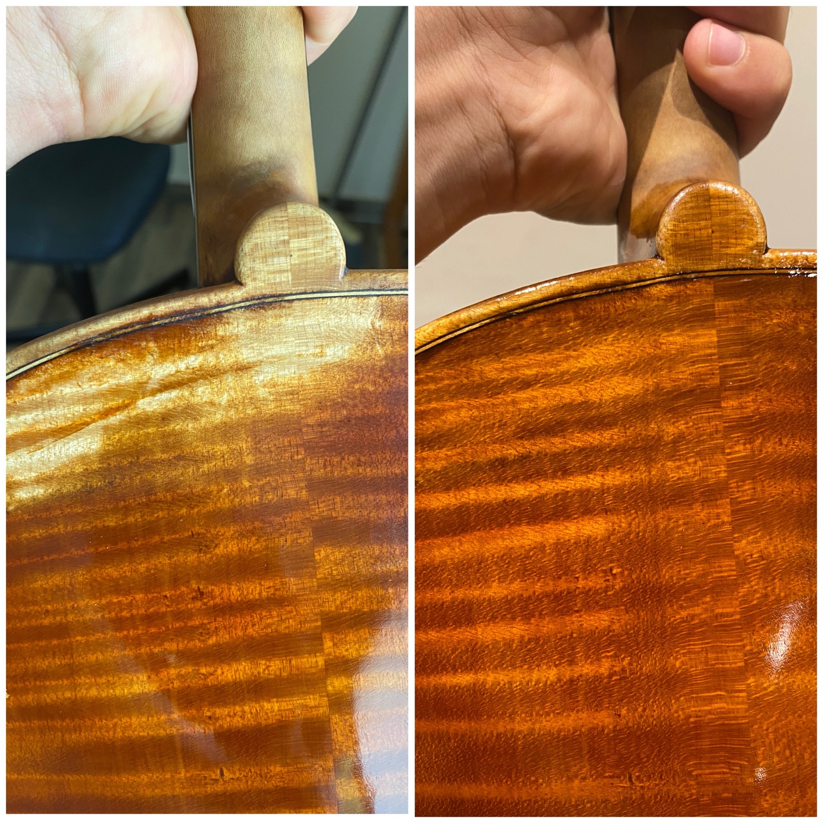 Retouching at the neck heel, before and after