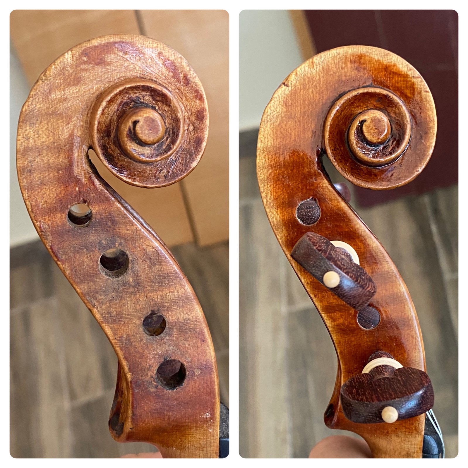 Repairing a crack on the scroll, before and after