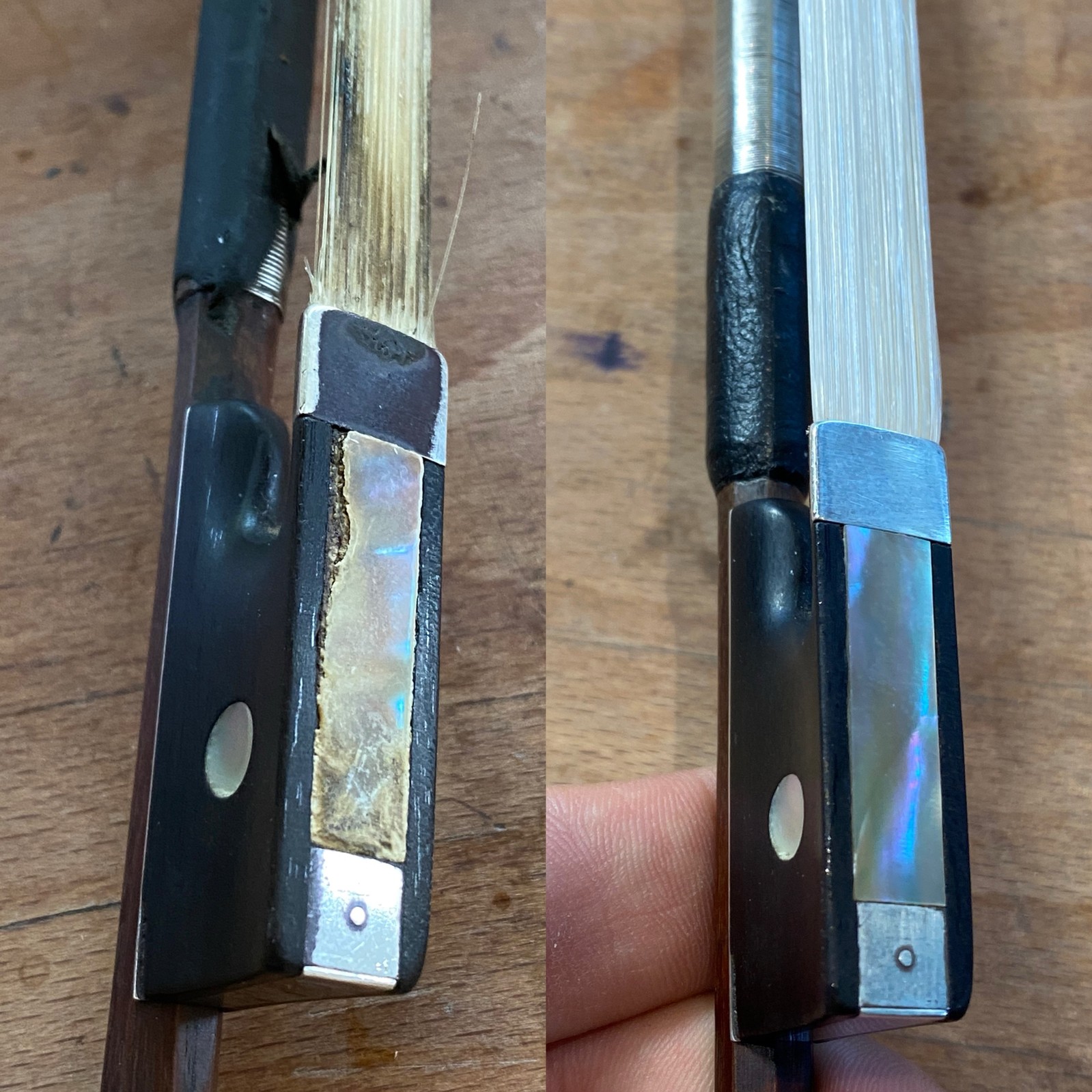 A bow rehair and frog repair, before and after