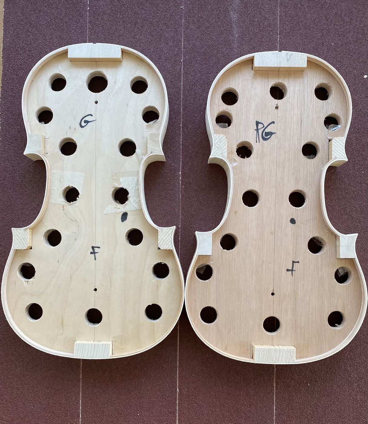 Viola ribs on their moulds, corner and end blocks in place