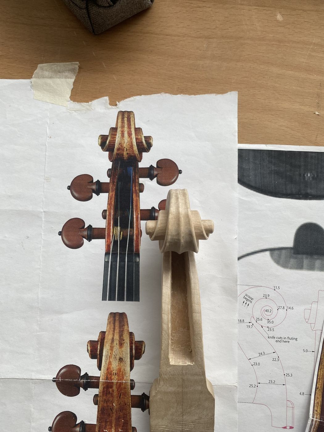 Viola scroll and pegbox blank compared with the model